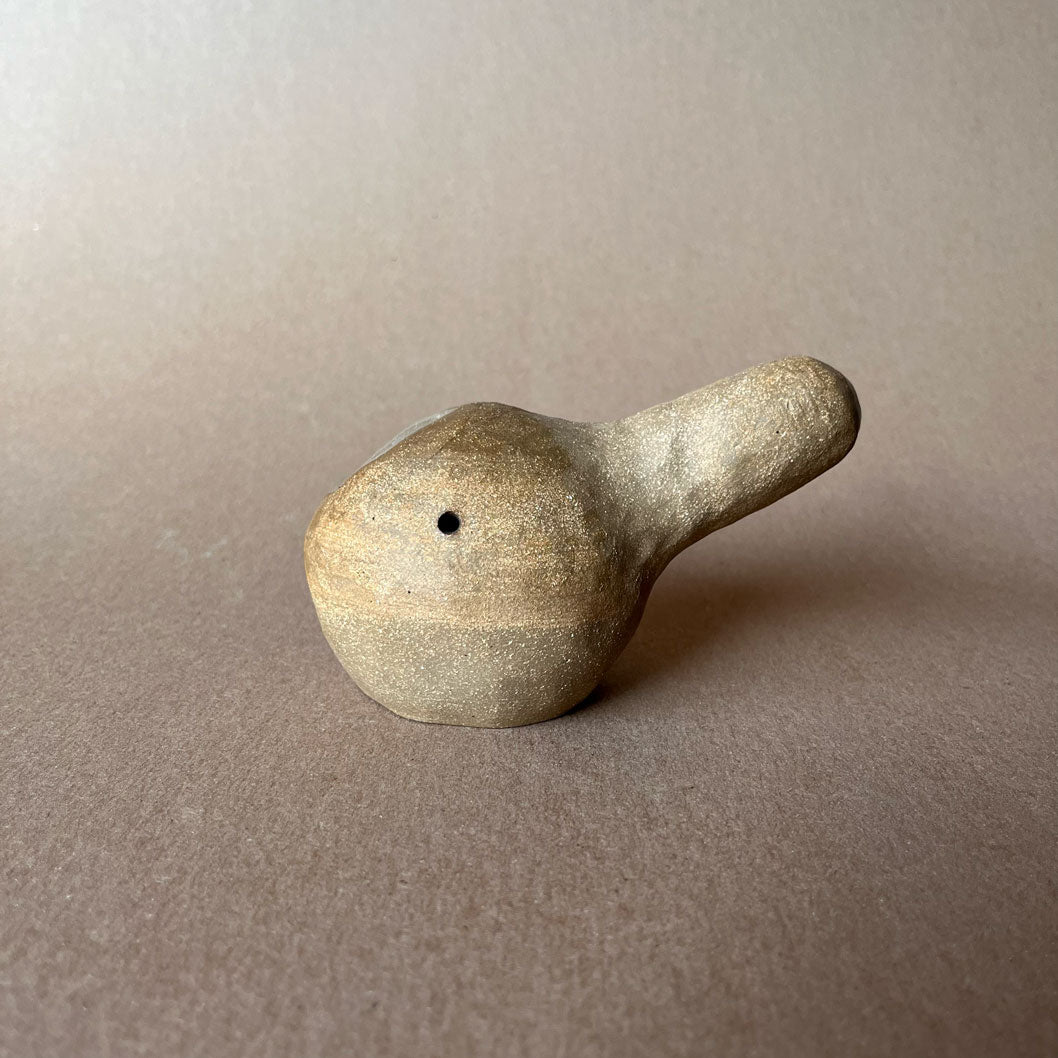 A gourd shaped, spherical body form in brown stoneware with hammered texture, featuring a large glazed inset bowl and rounded stem protrusion mouthpiece.