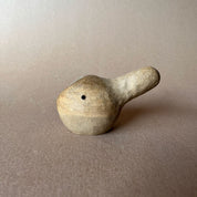 A gourd shaped, spherical body form in brown stoneware with hammered texture, featuring a large glazed inset bowl and rounded stem protrusion mouthpiece.