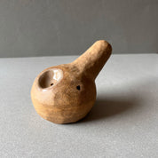 A gourd shaped, spherical body form in brown stoneware with hammered texture, featuring a large glazed inset bowl and rounded stem protrusion mouthpiece.